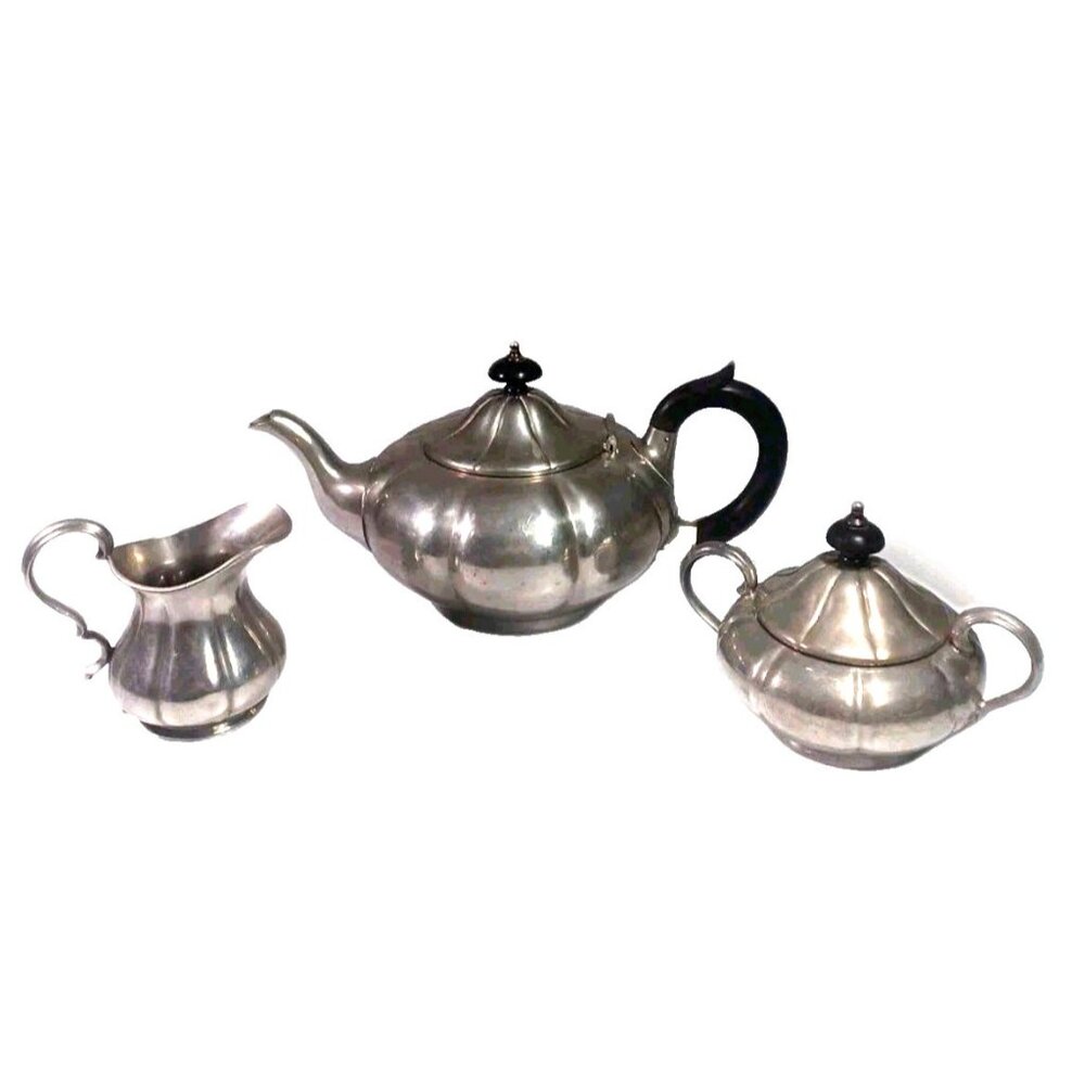 Antique Sheffield Pewter Pumpkin Melon Shape Teapot Cream Sugar Set By James Dix